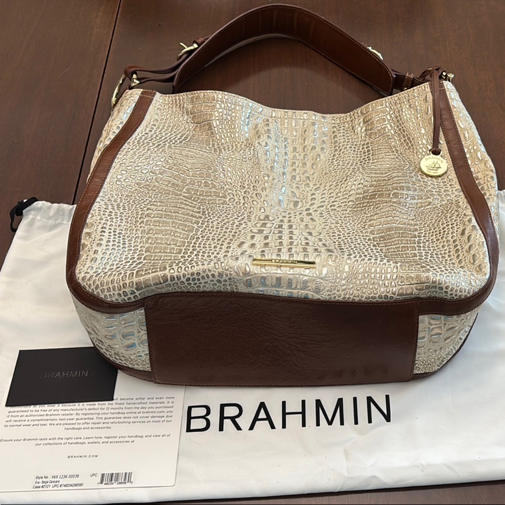EUC Brahmin Eva Beige and Brown Caracara Hobo Bag Croc-Embossed (discontinued)